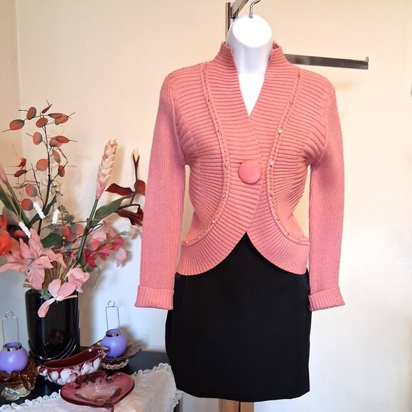 NWT Woman's Pink One Button Knit Shrug Open Front Cardigan Lightweight Sweater - Picture 4 of 9